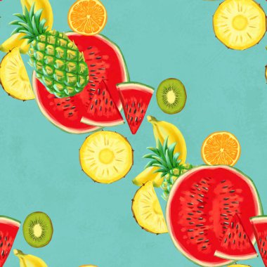 El çizimi pürüzsüz desen. Egzotik meyveli yaz arkaplanı.