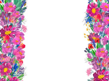 Elle boyanmış çiçekli kenar. Beyaz arkaplanda yaban mersinleri