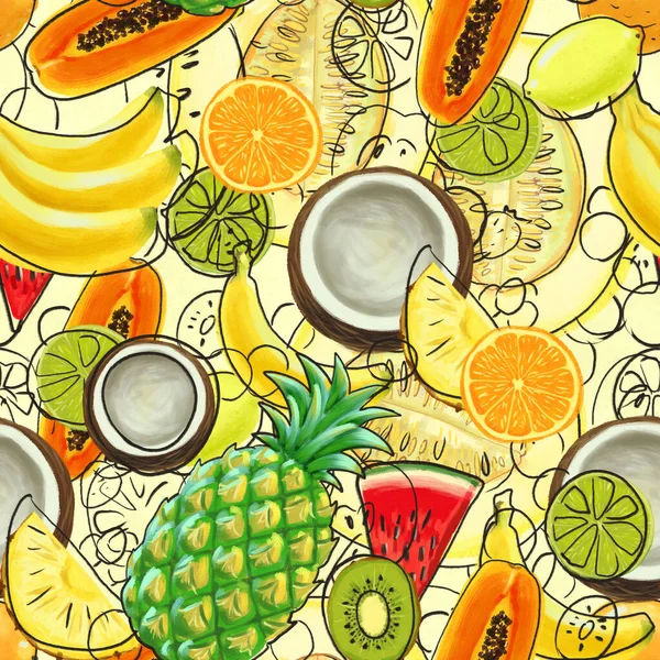 Ručně kreslený vzor s banány, kokosovými ořechy, ananasem. Bezproblémové letní pozadí. — Stock fotografie