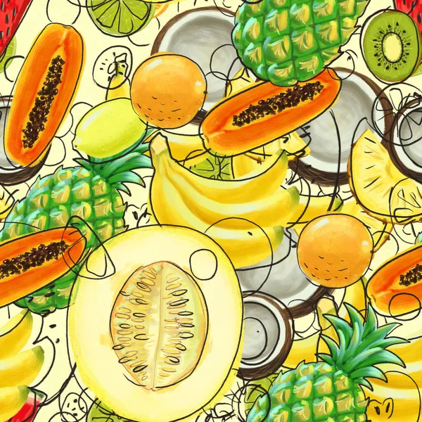 Hand drawn pattern with bananas, coconuts, pineapples. Seamless summer background.