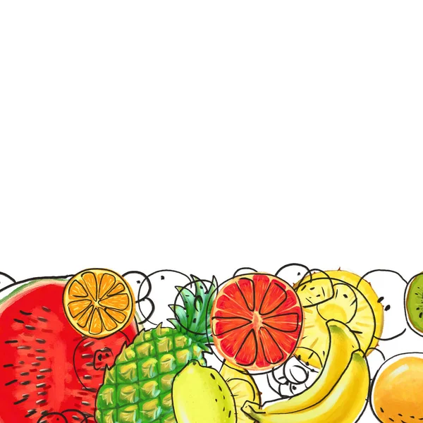 Hand drawn Exotic Fruit border isolated on white background — Stock Photo, Image