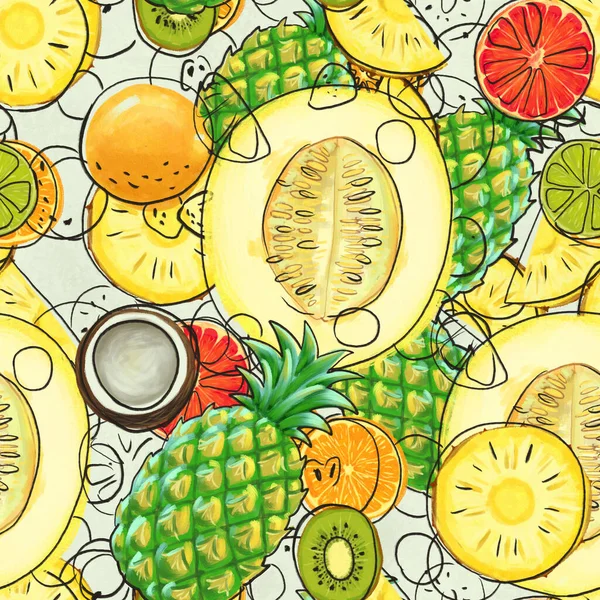 バナナ、ココナッツ、パイナップルと手描きのパターン。シームレスな夏の背景. — ストック写真