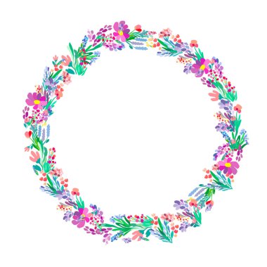 Beyaz arka planda çiçek çelengi. Parlak renkli bahar çiçekleri. Vektör çiçek çerçevesi şablonu.