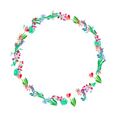 Beyaz arka planda çiçek çelengi. Parlak renkli bahar çiçekleri. Vektör çiçek çerçevesi şablonu.