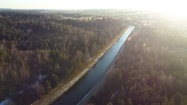 Fliegen über dem Wasserkanal im Wald. Drohnen-Luftaufnahmen — Stockvideo