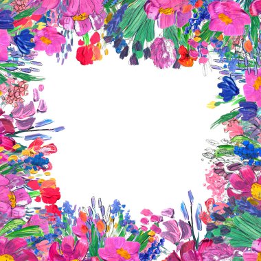 Elle boyanmış çiçekli kenar. Beyaz arkaplanda yaban mersinleri