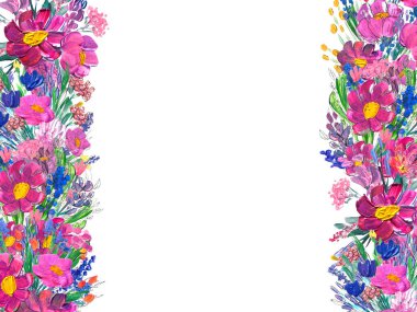 Elle boyanmış çiçekli kenar. Beyaz arkaplanda yaban mersinleri