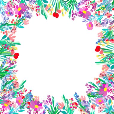Vektör çiçek çerçevesi. Beyaz arkaplanda soyut çiçekler.