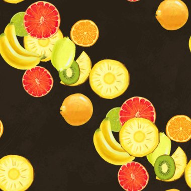 El çizimi pürüzsüz desen. Egzotik meyveli yaz arkaplanı.