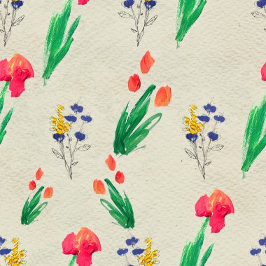Çiçeklerle kusursuz desen. Suluboya ya da akrilik resim. El çizimi çiçek arkaplanı.