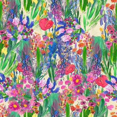 Çiçeklerle kusursuz desen. Suluboya ya da akrilik resim. El çizimi çiçek arkaplanı.