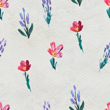 Çiçeklerle kusursuz desen. Suluboya ya da akrilik resim. El çizimi çiçek arkaplanı.