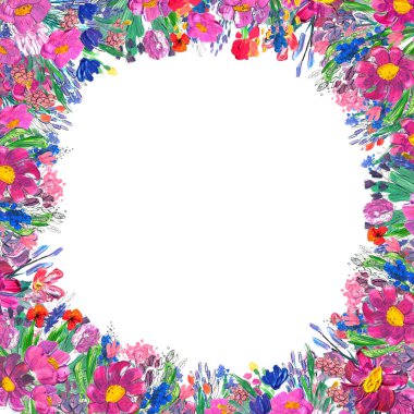 Elle boyanmış çiçekli kenar. Beyaz arkaplanda yaban mersinleri