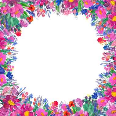 Elle boyanmış çiçekli kenar. Beyaz arkaplanda yaban mersinleri