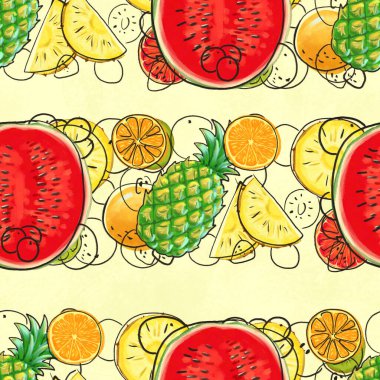 El çizimi pürüzsüz desen. Egzotik meyveli yaz arkaplanı.