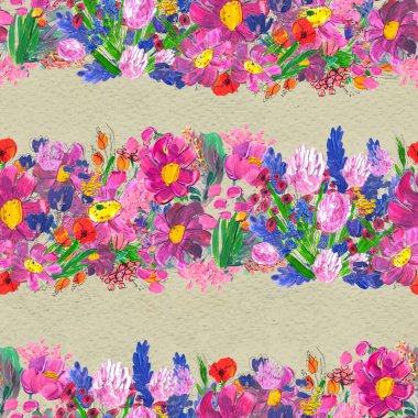 Çiçeklerle kusursuz desen. Suluboya ya da akrilik resim. El çizimi çiçek arkaplanı.