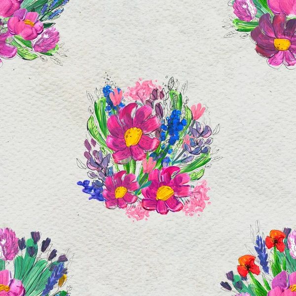 Płynny wzór z kwiatami. Akwarela lub akryl. Ręcznie rysowane tło kwiatowe. — Zdjęcie stockowe