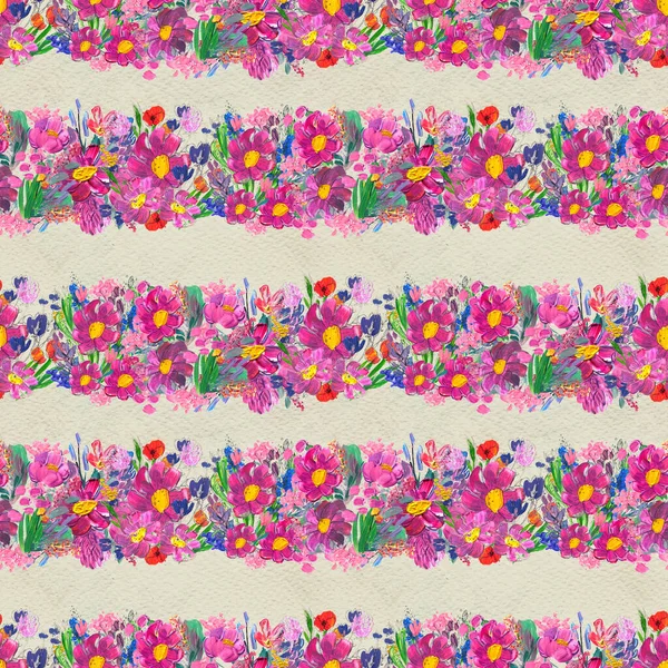 Bezešvé vzory s květinami. Akrylové nebo akrylové barvy. Ručně kreslené květinové pozadí. — Stock fotografie