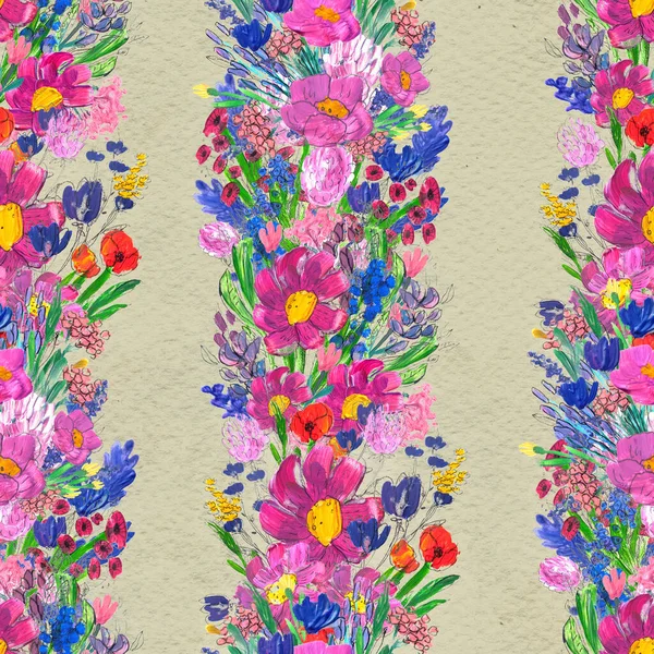꽃이 피는 무미건조 한 패턴. 수채화 또는 아크릴 페인팅. 손으로 그린 꽃무늬. — 스톡 사진