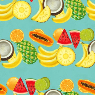 El çizimi pürüzsüz desen. Egzotik meyveli yaz arkaplanı.