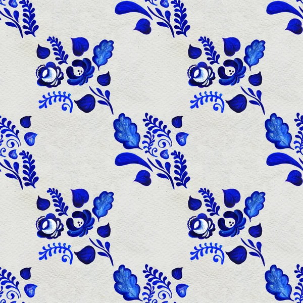 Blauwe bloemen naadloze patroon in Russische gzhel achtergrond — Stockfoto