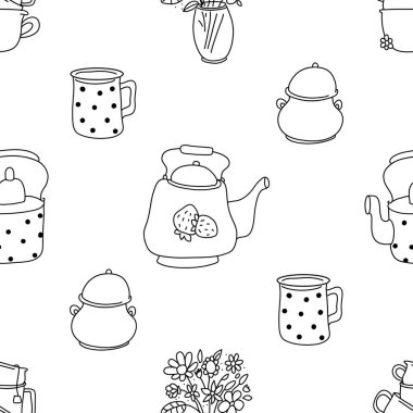 Kusursuz siyah ve beyaz desenli. Çay içme illüstrasyonu.