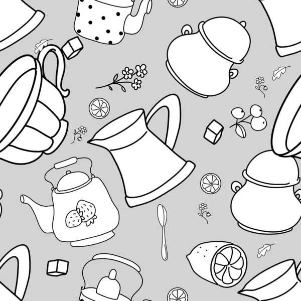Bezešvé černobílé vzory. Ilustrace pití čaje. — Stockový vektor