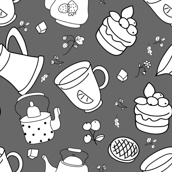 Черно-белый бесшовный рисунок. Иллюстрация чая. — стоковый вектор