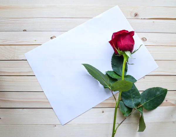 Rosa roja sobre una mesa de madera — Foto de Stock