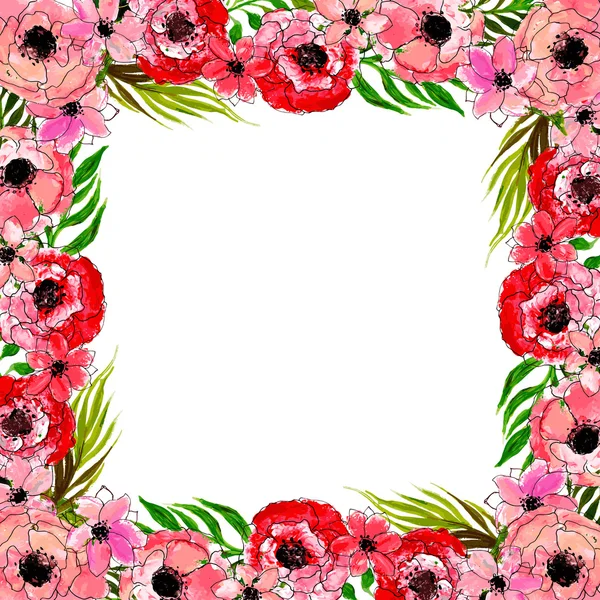 Moldura floral com flores rosa — Vetor de Stock