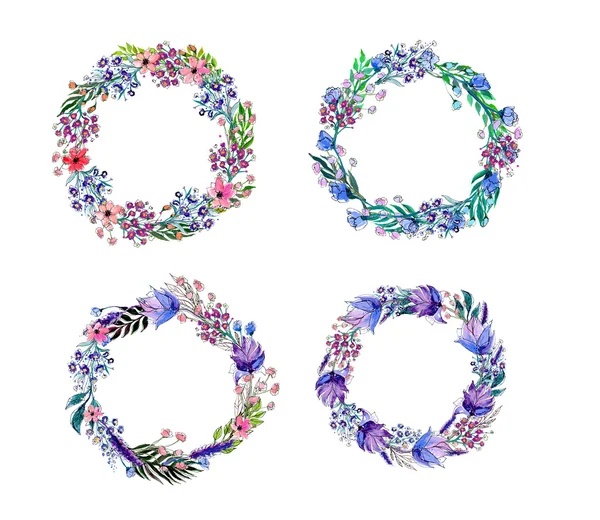 Watercolor flowers wreath set — Stock Vector