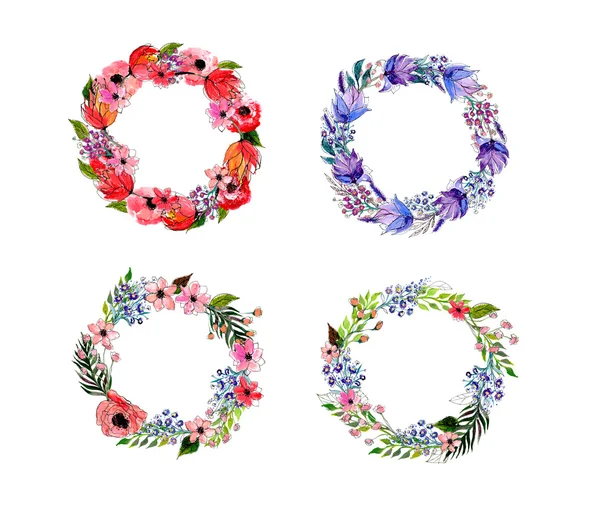Ensemble de couronne de fleurs aquarelle — Image vectorielle