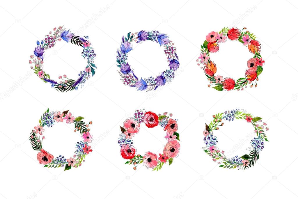 Watercolor flowers wreath set