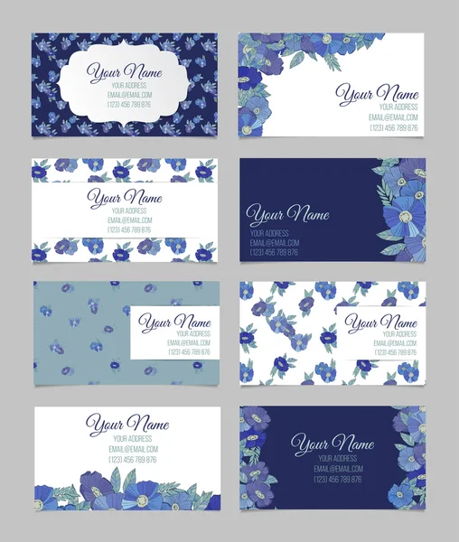 Set of eight floral business cards — Stock Vector