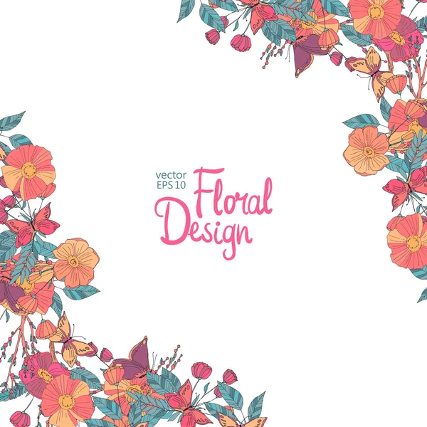 Canto floral com flores bagas e borboleta — Vetor de Stock