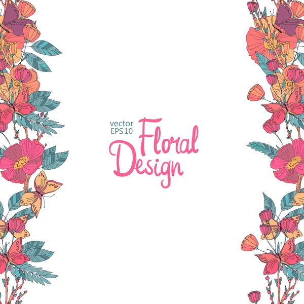 Bordure florale avec des fleurs baies et papillon — Image vectorielle