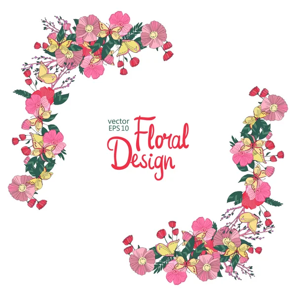 Floral πλαίσιο με λουλούδια μούρα και πεταλούδα — Διανυσματικό Αρχείο