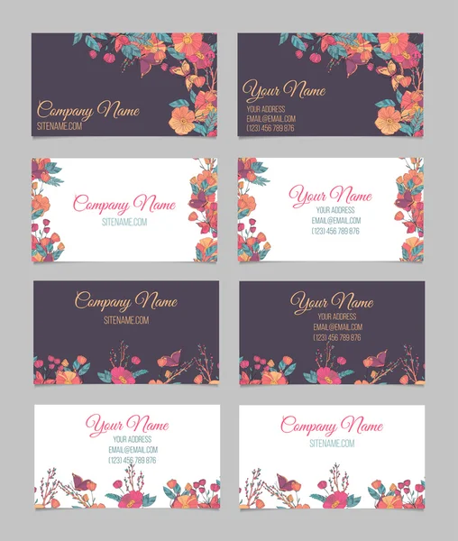 Set of four double-sided floral business cards — Stock Vector