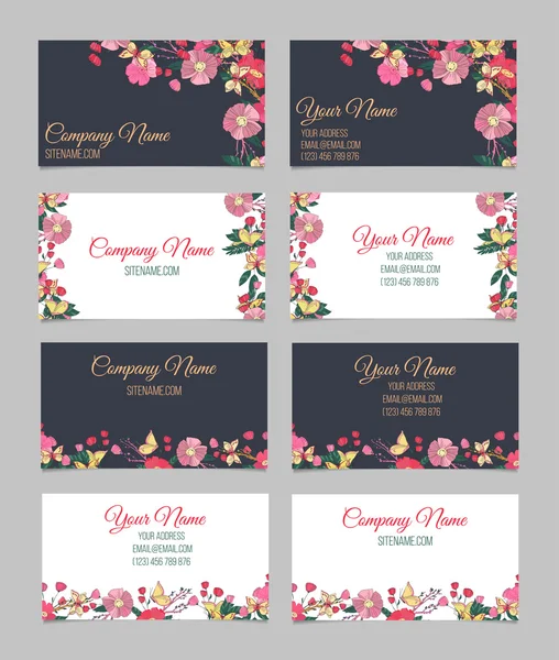 Set of four double-sided floral business cards — Stock Vector