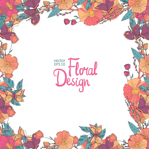 Floral πλαίσιο με λουλούδια μούρα και πεταλούδα — Διανυσματικό Αρχείο