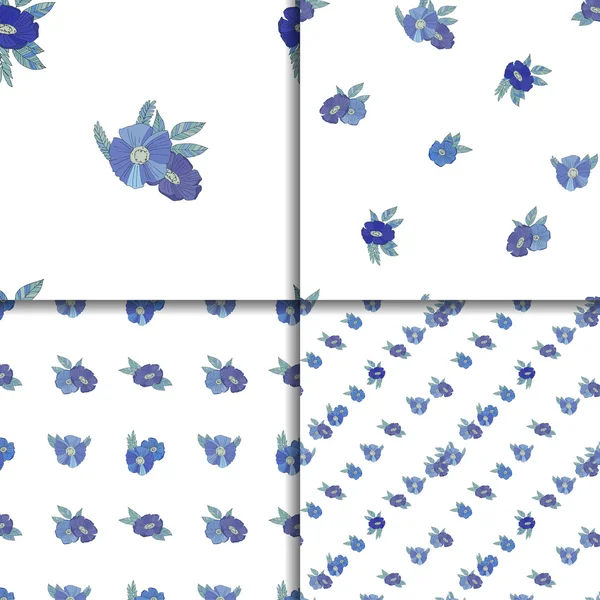 青い花を持つ 4 つのシームレスなパターンのセット — ストックベクタ