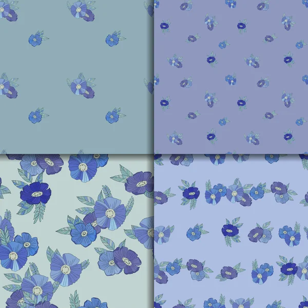 青い花を持つ 4 つのシームレスなパターンのセット — ストックベクタ