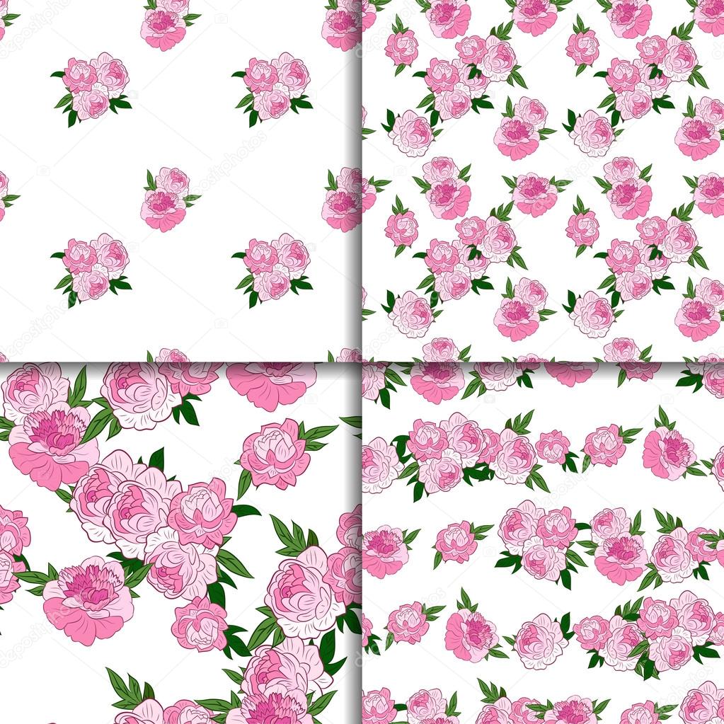 Seamless pattern set with pink peonies
