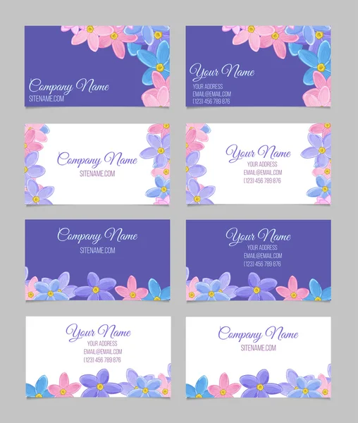 Set mit vier doppelseitigen floralen Visitenkarten — Stockvektor