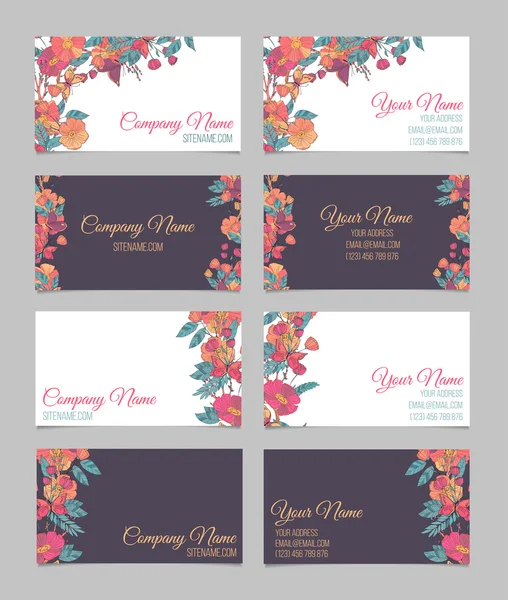 Set of four double-sided floral business cards — Stock Vector