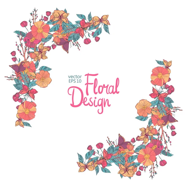 Canto floral com flores bagas e borboleta — Vetor de Stock