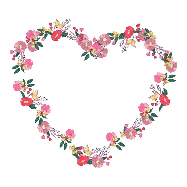 Floral coroa em forma de coração feito de flores silvestres — Vetor de Stock