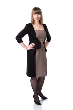 Beyaz arka plan üzerinde izole iş elbiseli kadın.