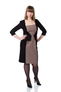 Beyaz arka plan üzerinde izole iş elbiseli kadın.