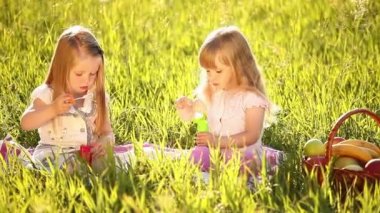 İki kız kardeş darbe bubbles çayırda